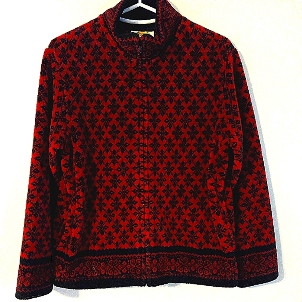 Talbots Womens Fleece Petite Jacket  Red Black Full Zip Pockets Easy C…